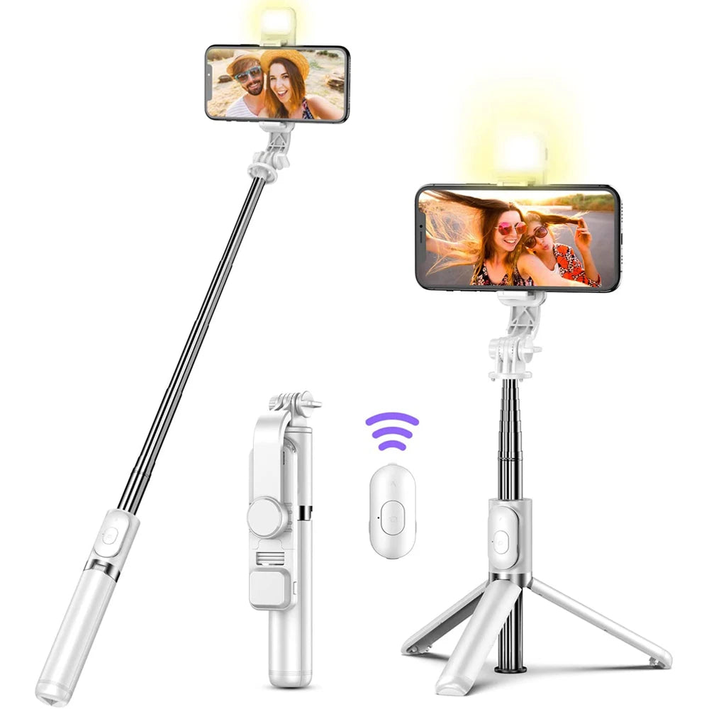 3-in-1 Wireless Bluetooth Selfie Stick Tripod with Remote & LED Fill Light – Universal-Fit Smartphone Holder