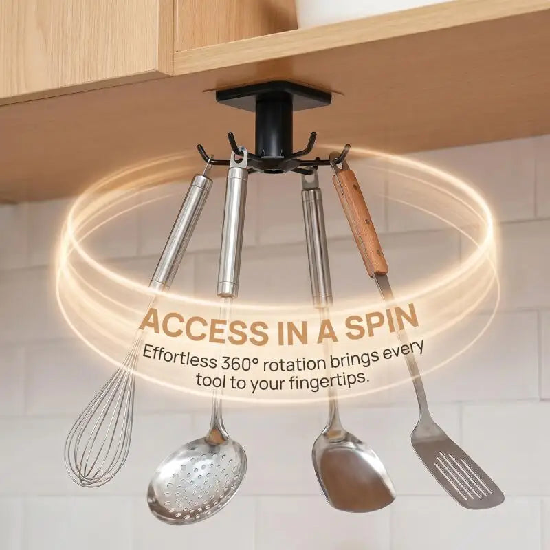 Six-Hook 360° Rotating Under-Cabinet Hook Rack — Adhesive Kitchen Organizer