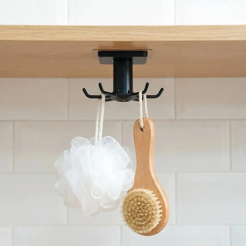 Six-Hook 360° Rotating Under-Cabinet Hook Rack — Adhesive Kitchen Organizer