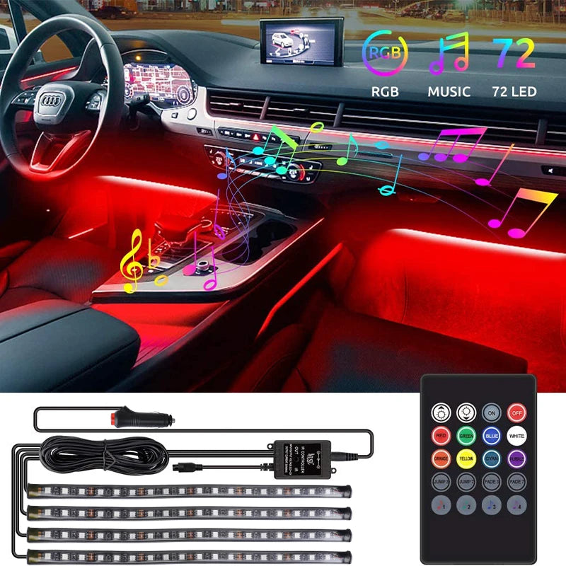 USB Car Ambient LED Light Strip Set 36 LED with Wireless Remote & Music-Sync Mode