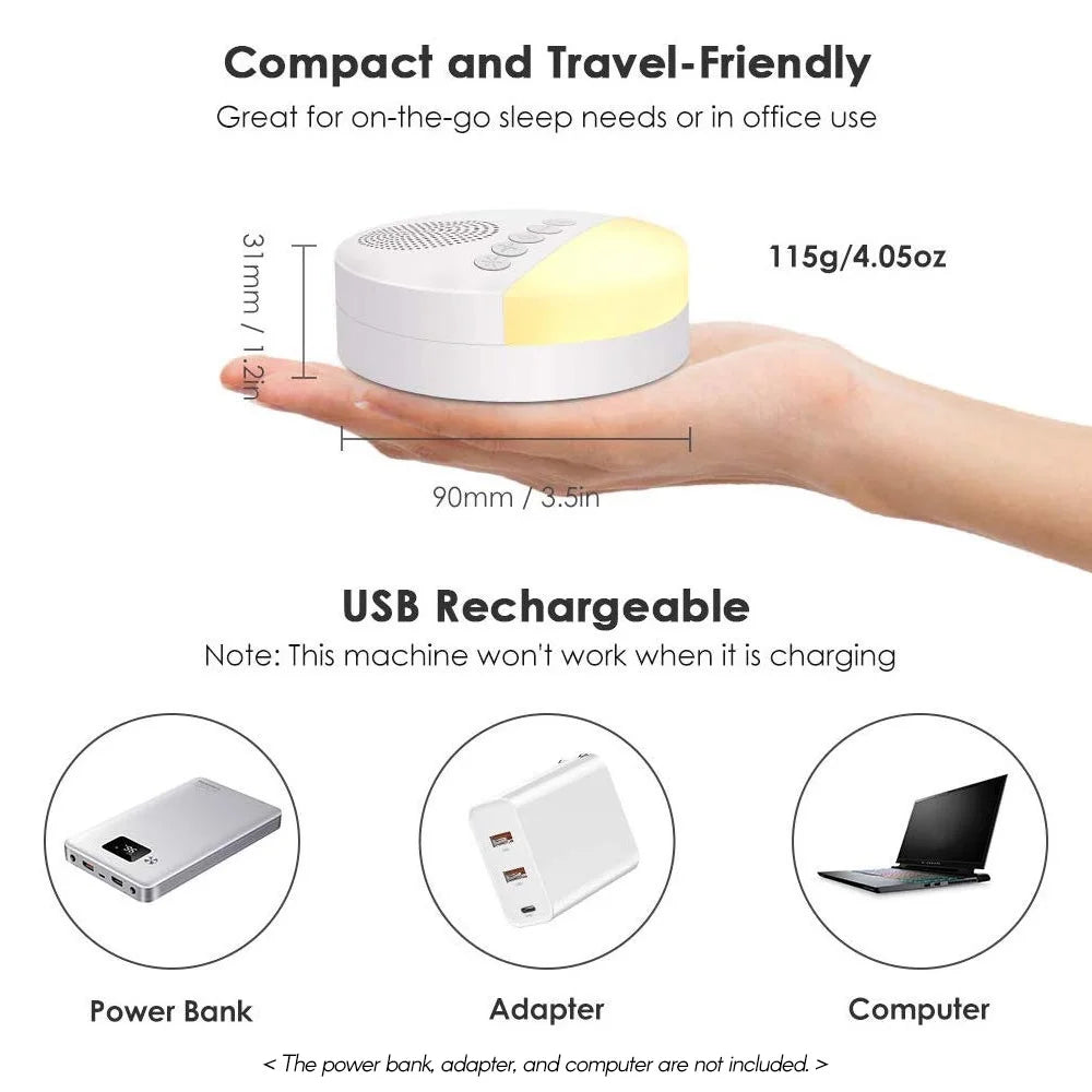Portable White Noise Sleep Sound Machine — Night Light & Timer