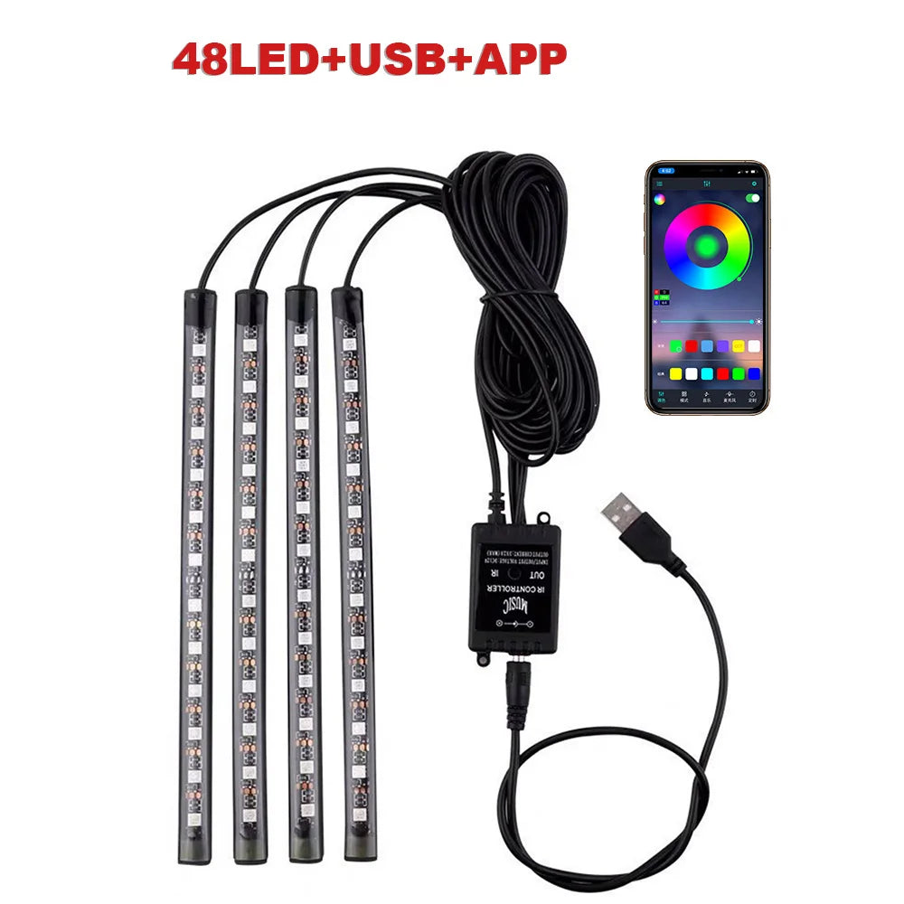 USB Car Ambient LED Light Strip Set 36 LED with Wireless Remote & Music-Sync Mode