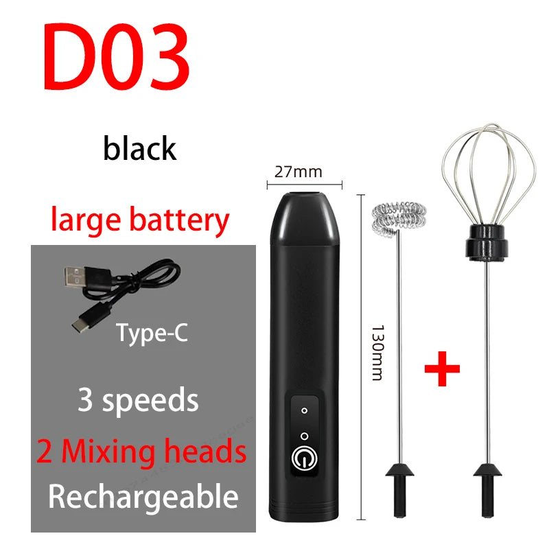 Rechargeable Electric Milk Frother — 3-Speed USB Coffee Whisk