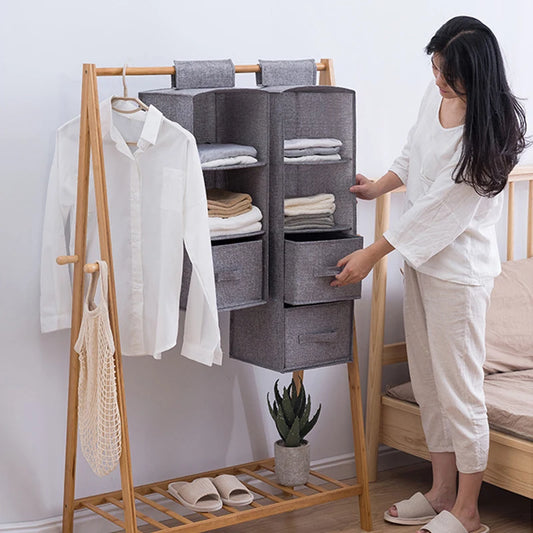 Cotton Hanging Closet Organizer — Drawer-Style Storage with Pockets