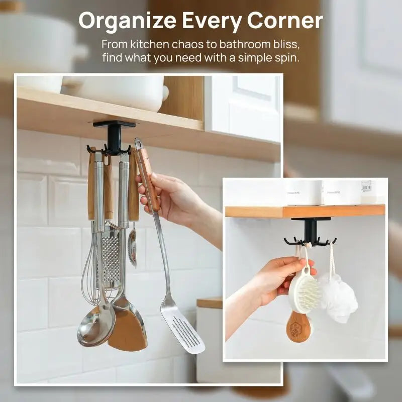Six-Hook 360° Rotating Under-Cabinet Hook Rack — Adhesive Kitchen Organizer