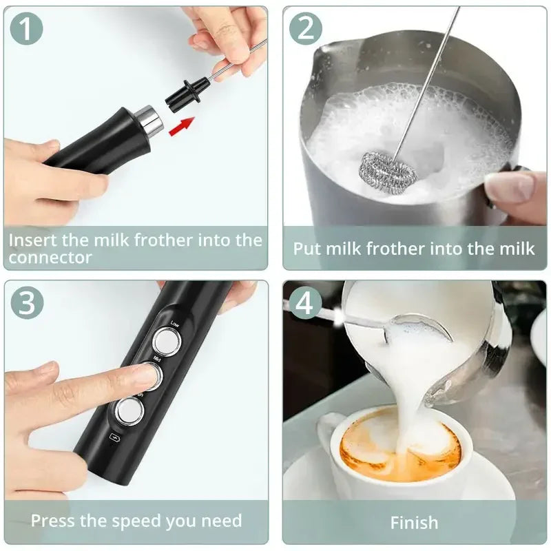 Rechargeable Milk Frother — Handheld Electric Foam Maker with 3 Whisk Heads
