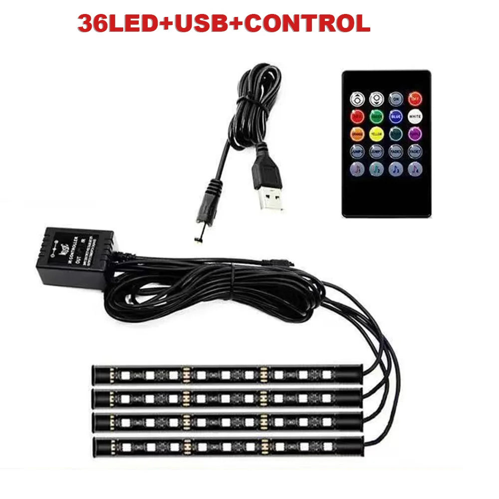 USB Car Ambient LED Light Strip Set 36 LED with Wireless Remote & Music-Sync Mode