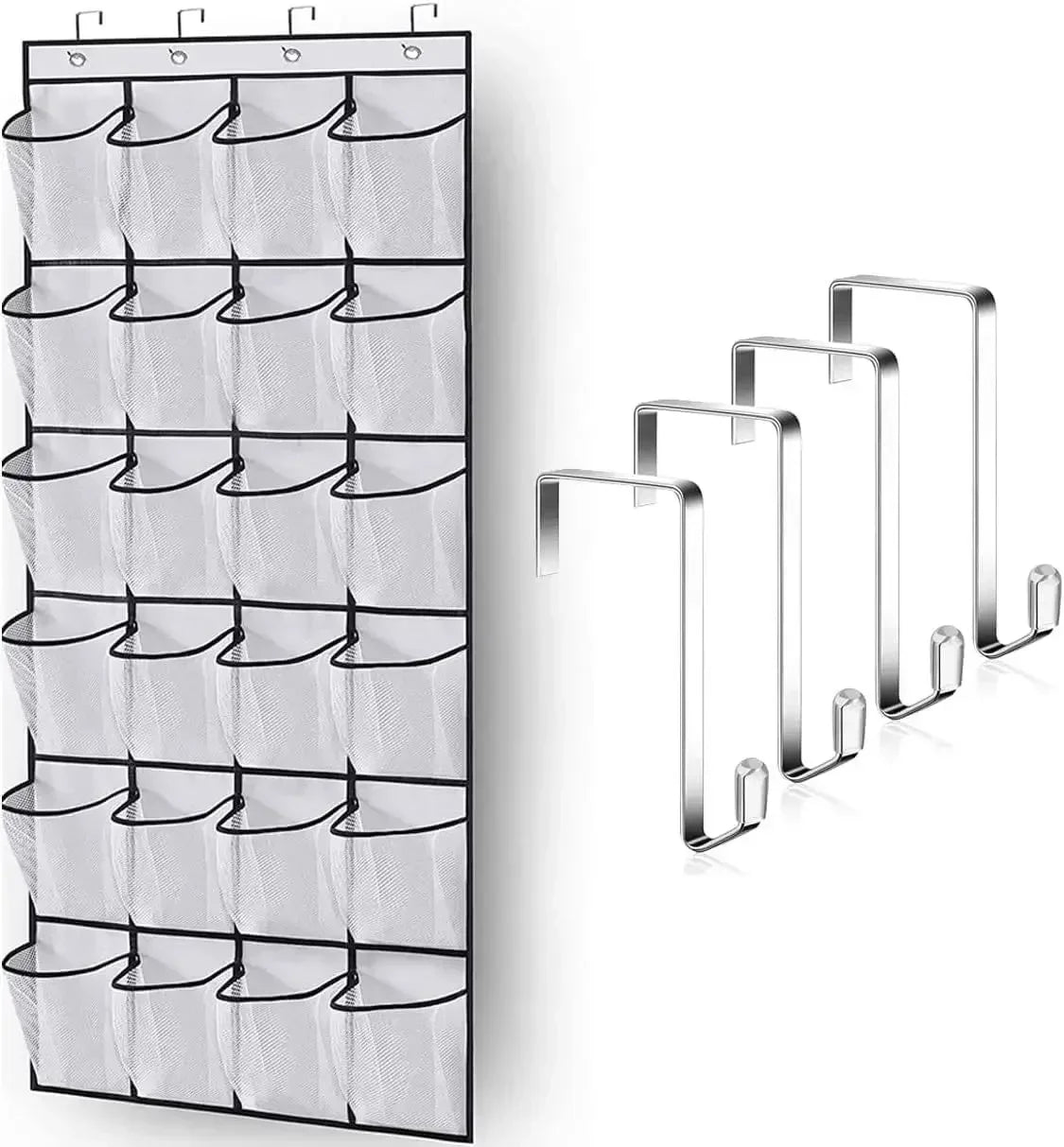 24-Pocket Over-Door Shoe Organizer — Fabric Hanging Storage with Hooks