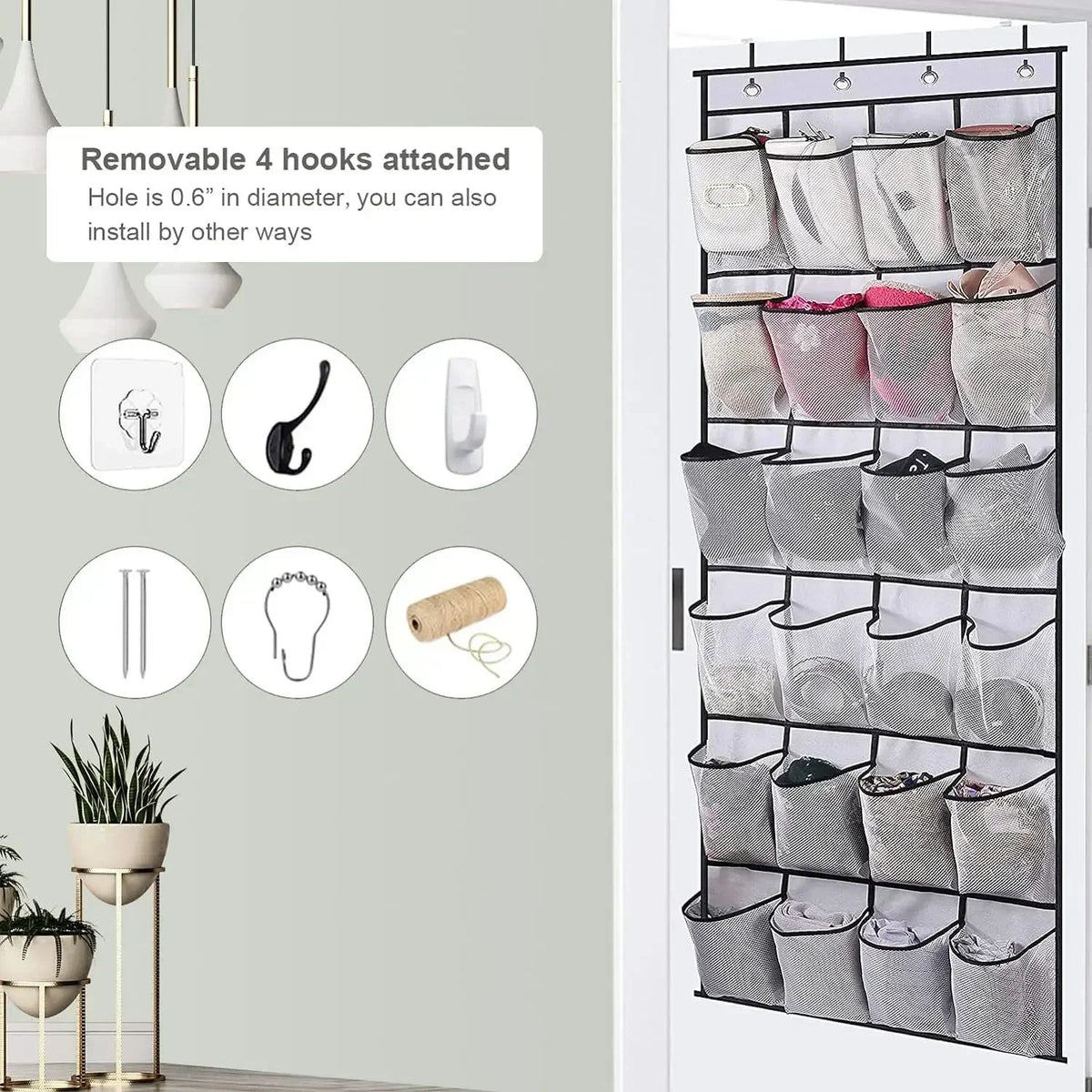24-Pocket Over-Door Shoe Organizer — Fabric Hanging Storage with Hooks