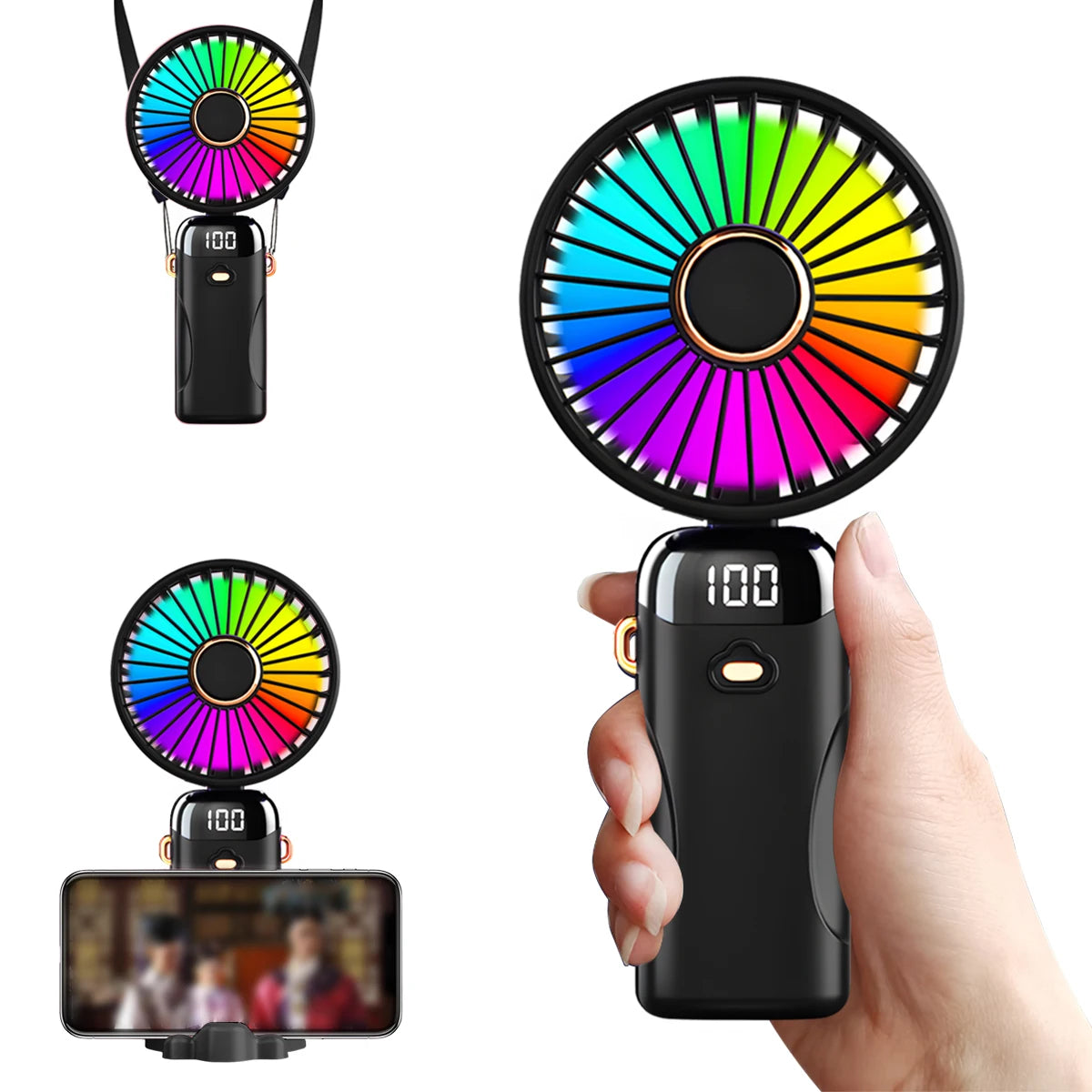 Foldable 6-Speed USB Rechargeable Mini Fan with LED Light — Handheld Desk Fan