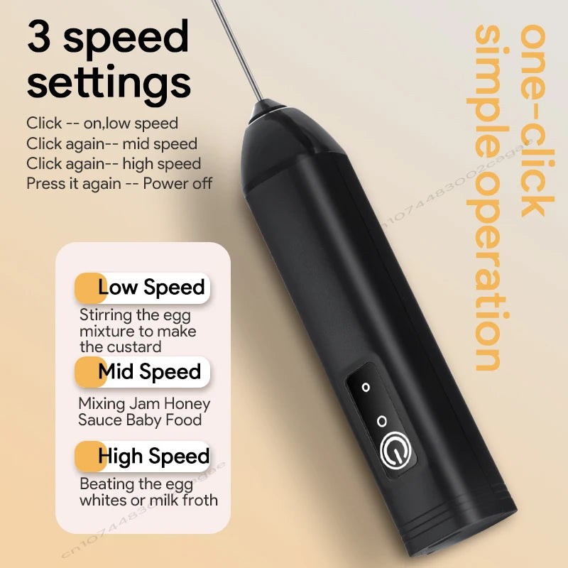 Rechargeable Electric Milk Frother — 3-Speed USB Coffee Whisk