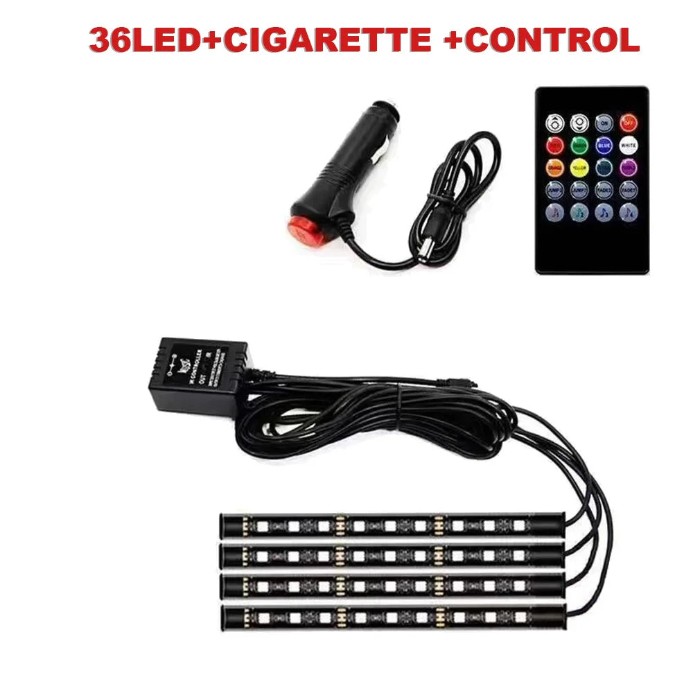 USB Car Ambient LED Light Strip Set 36 LED with Wireless Remote & Music-Sync Mode