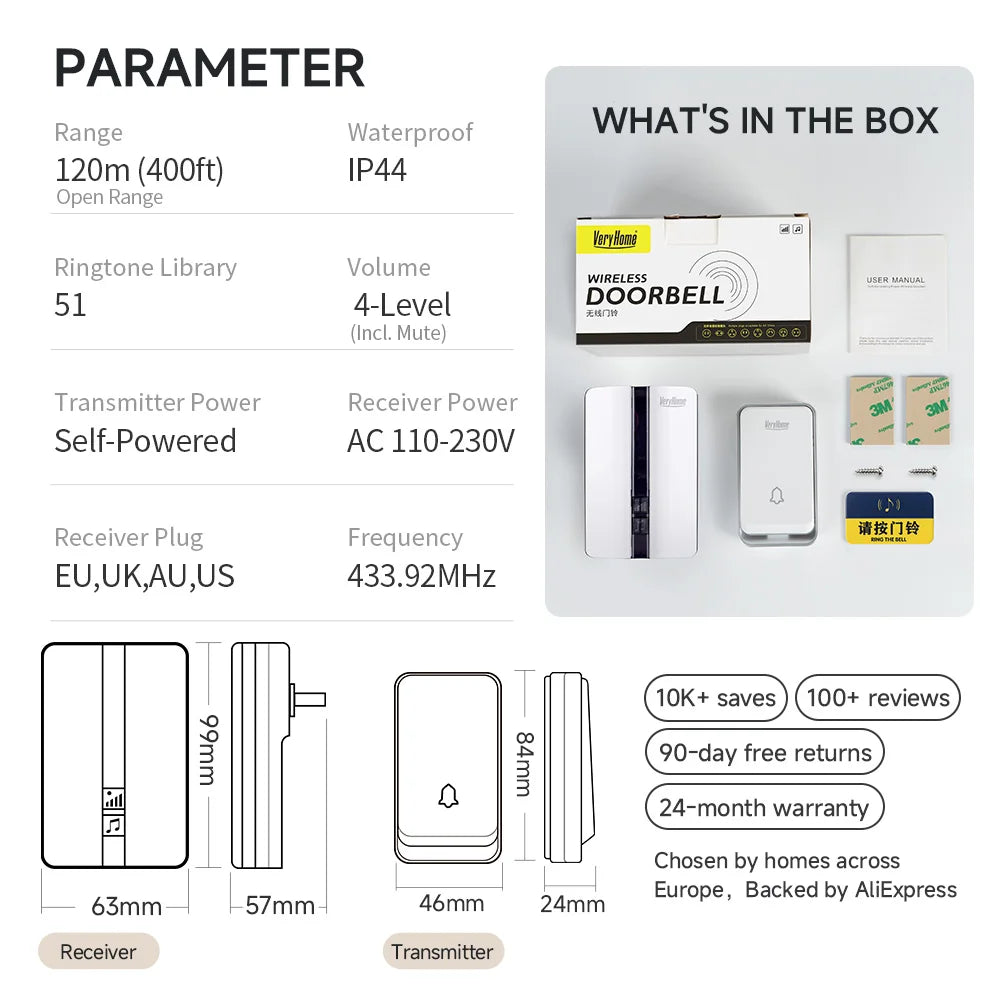 Self-Powered Wireless Doorbell — 150M Range, 51 Ringtones