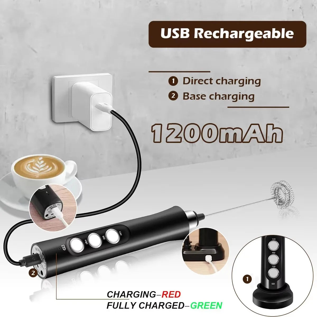 Rechargeable Milk Frother — Handheld Electric Foam Maker with 3 Whisk Heads