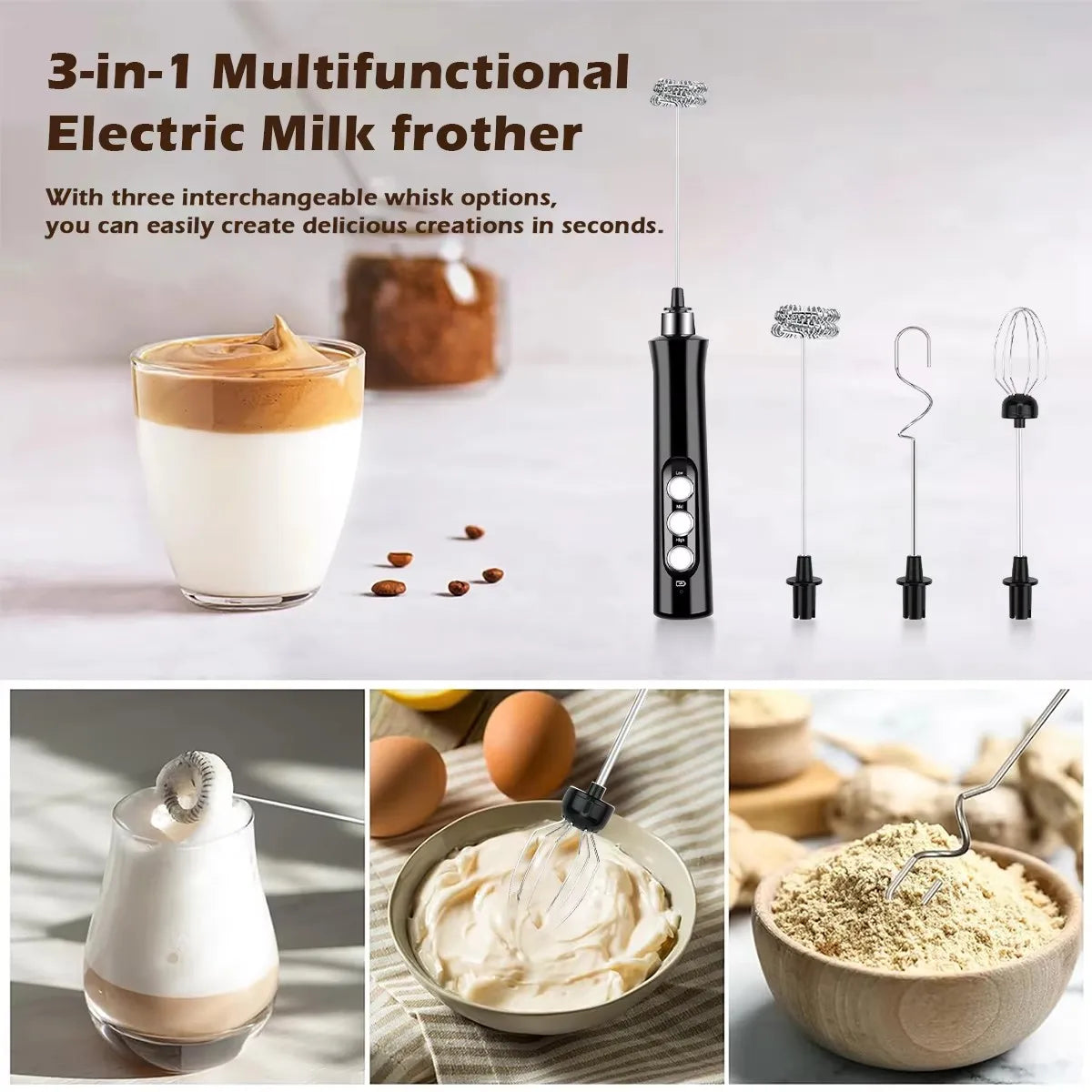 Rechargeable Milk Frother — Handheld Electric Foam Maker with 3 Whisk Heads