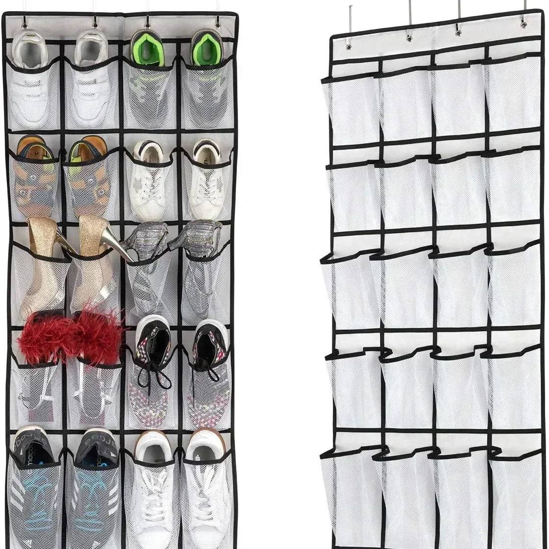 24-Pocket Over-Door Shoe Organizer — Fabric Hanging Storage with Hooks