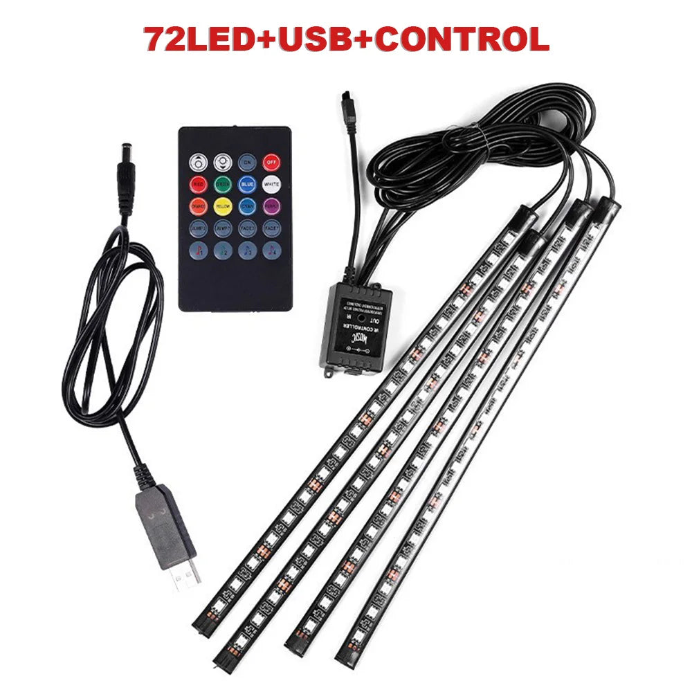 USB Car Ambient LED Light Strip Set 36 LED with Wireless Remote & Music-Sync Mode