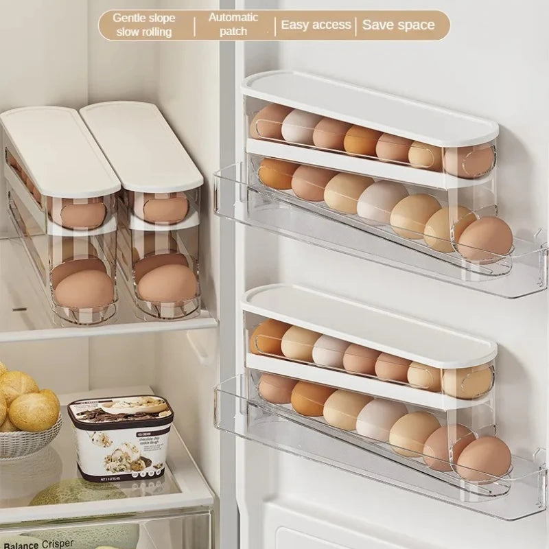 Bilayer Fridge Egg Storage Box Ladder Style Automatic Rolling Egg Holder Rack Refrigerator Dispenser Egg Organizer