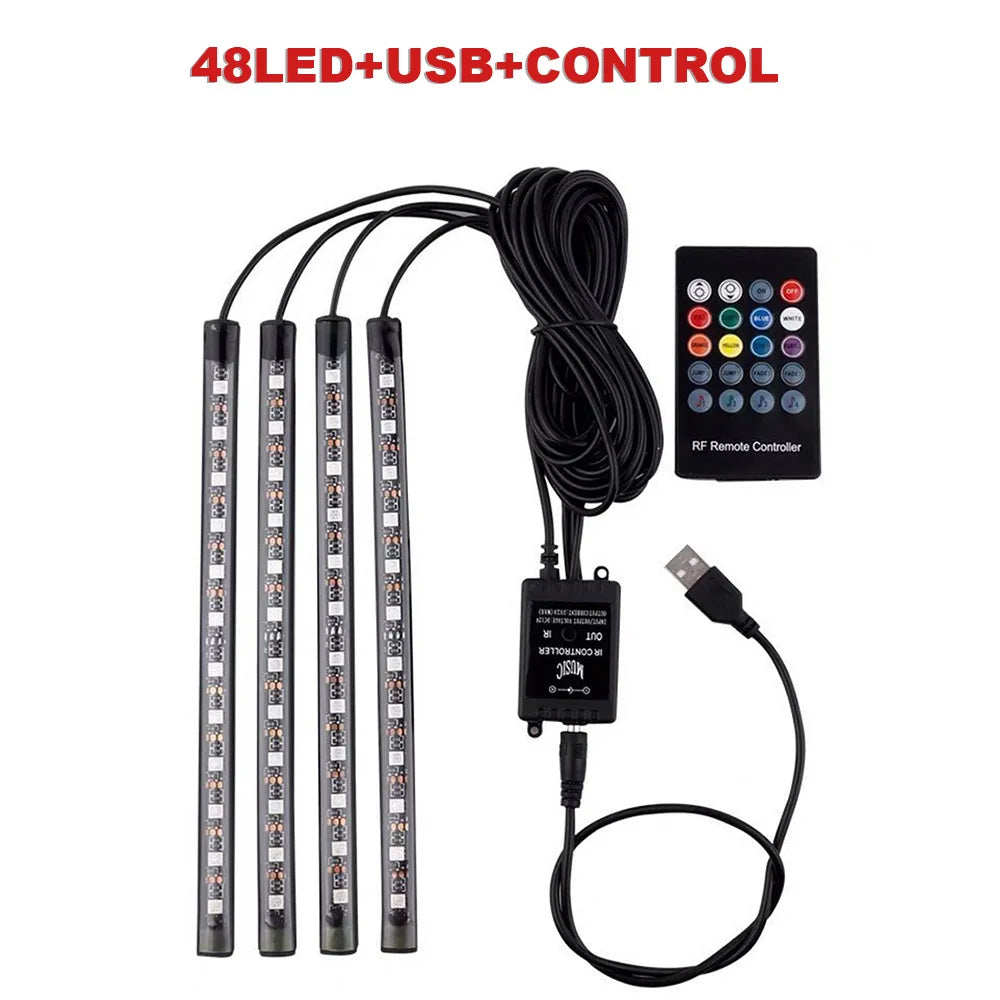 USB Car Ambient LED Light Strip Set 36 LED with Wireless Remote & Music-Sync Mode