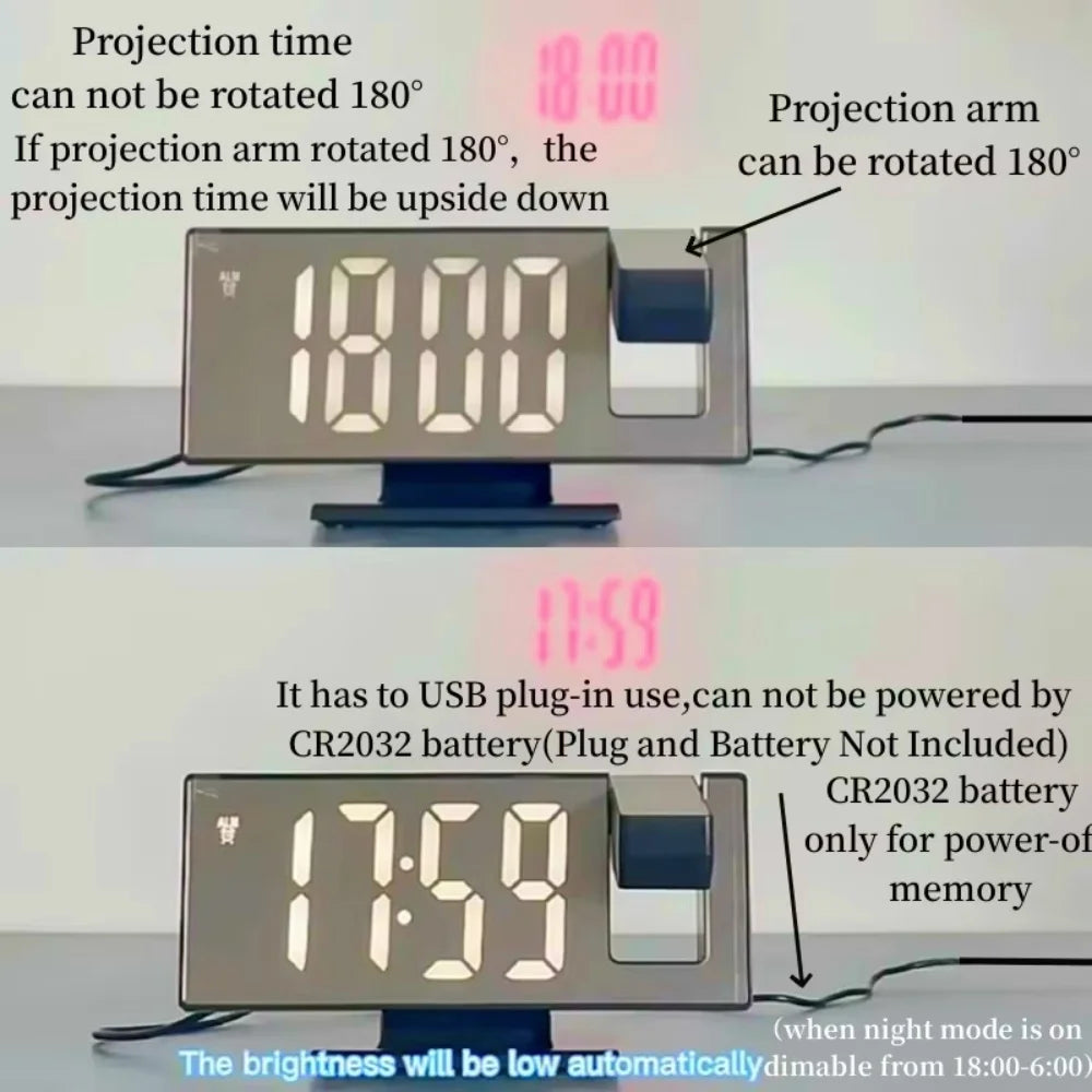 Projection Alarm Clock — 180° Ceiling Display