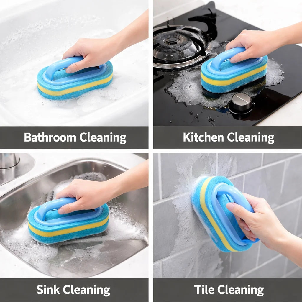 Handheld Magic-Sponge Scrub Brush with Handle for Tub, Tile & Sink