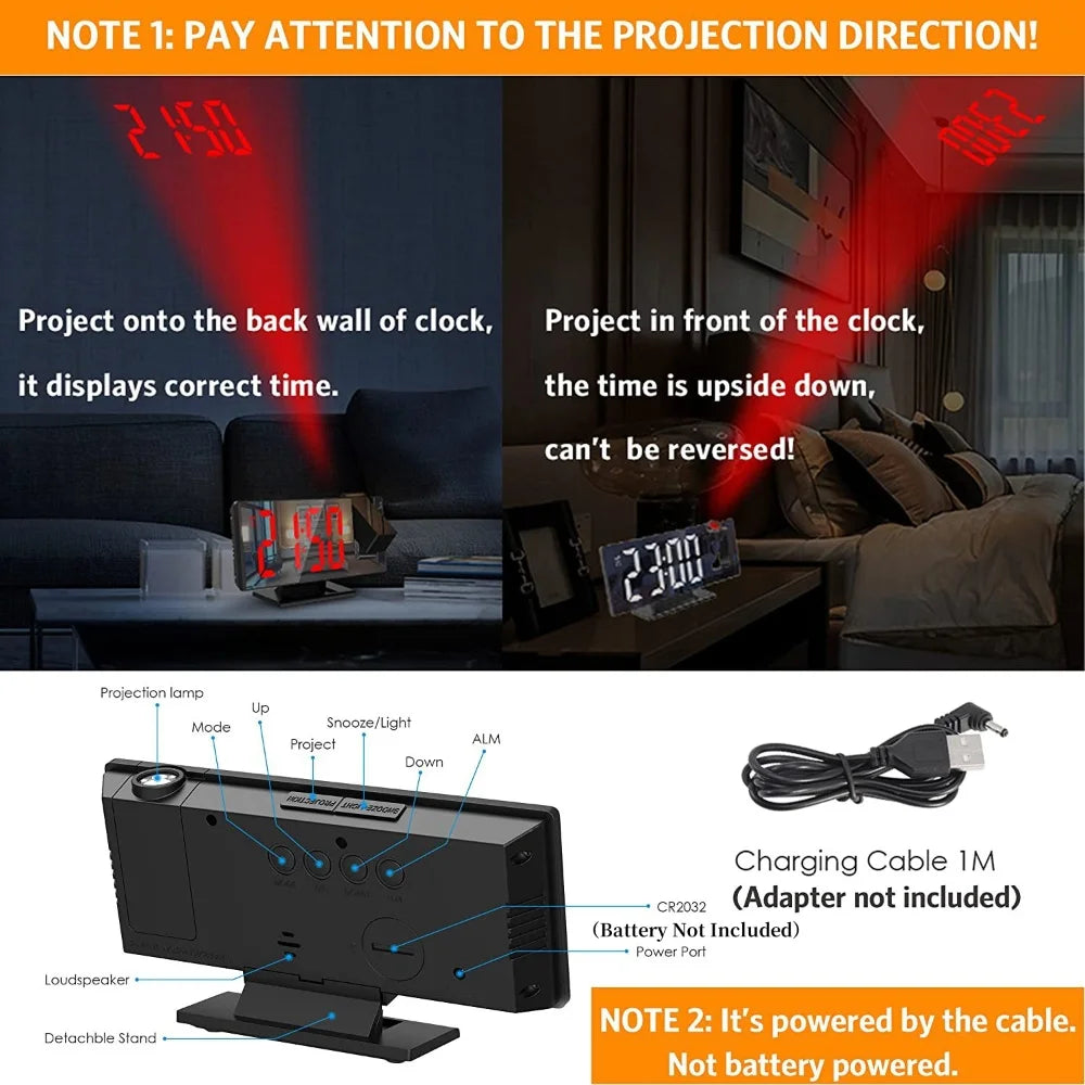 Projection Alarm Clock — 180° Ceiling Display