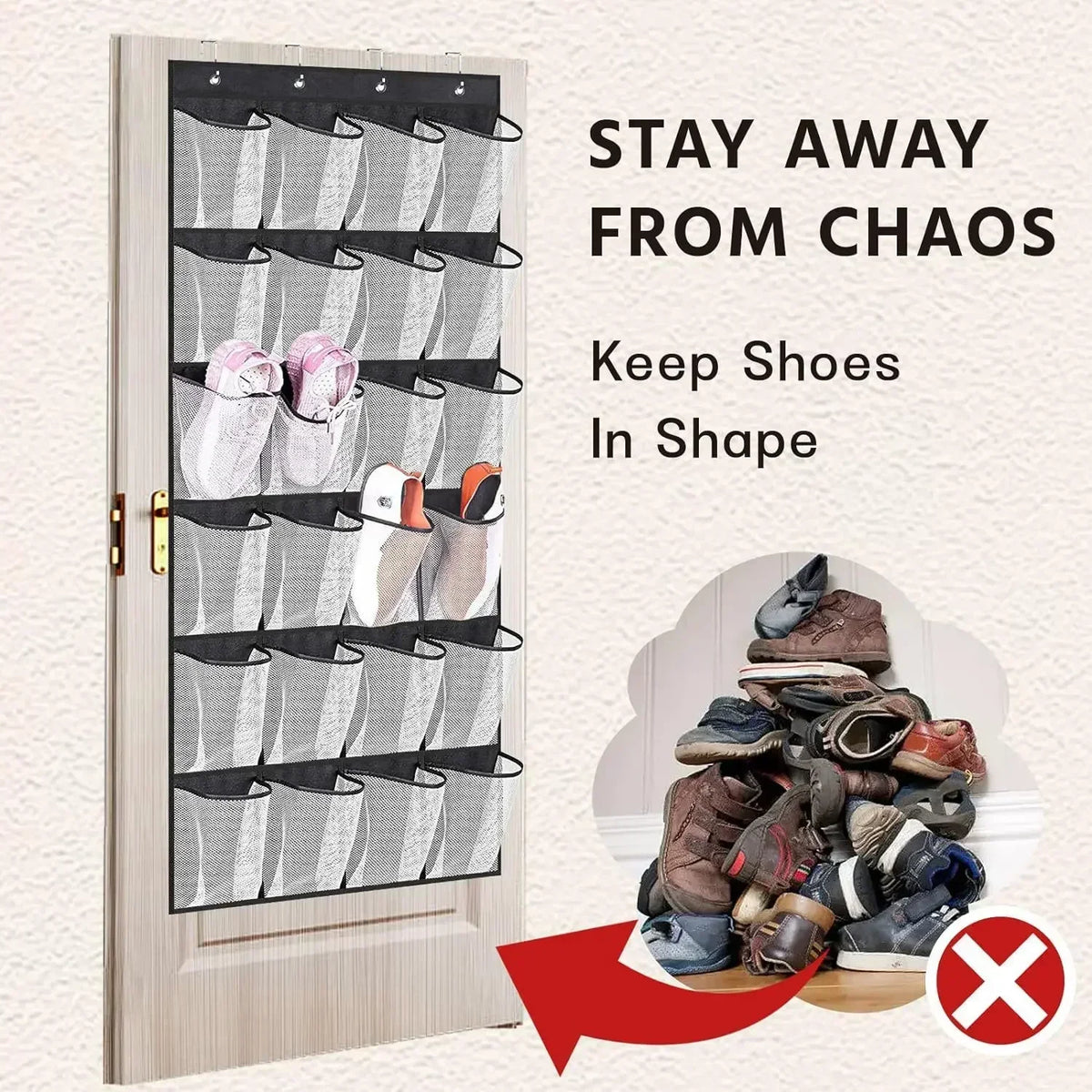 24-Pocket Over-Door Shoe Organizer — Fabric Hanging Storage with Hooks