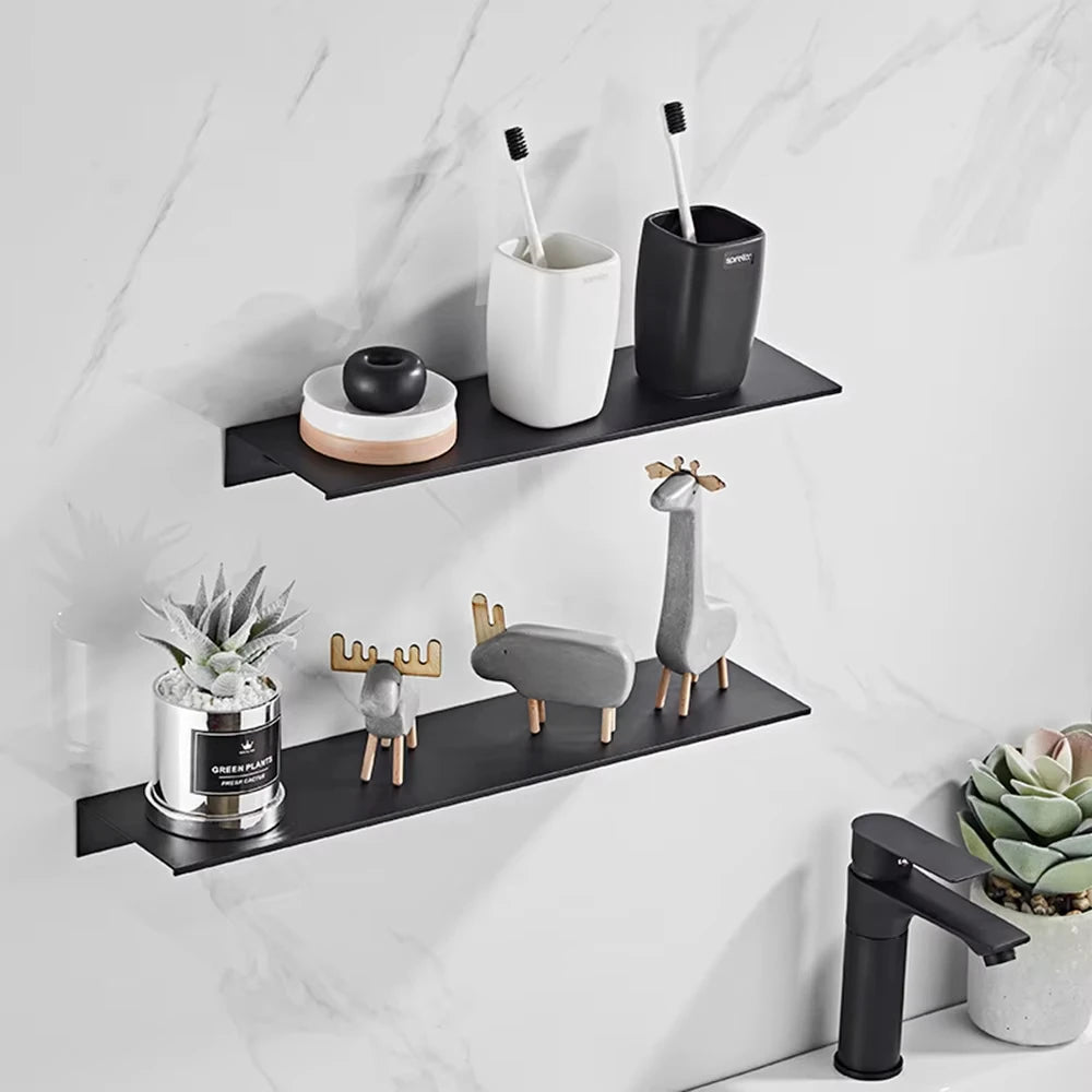 Black Aluminum Wall-Mounted Bathroom Shelf — 30 cm Floating Vanity Organizer