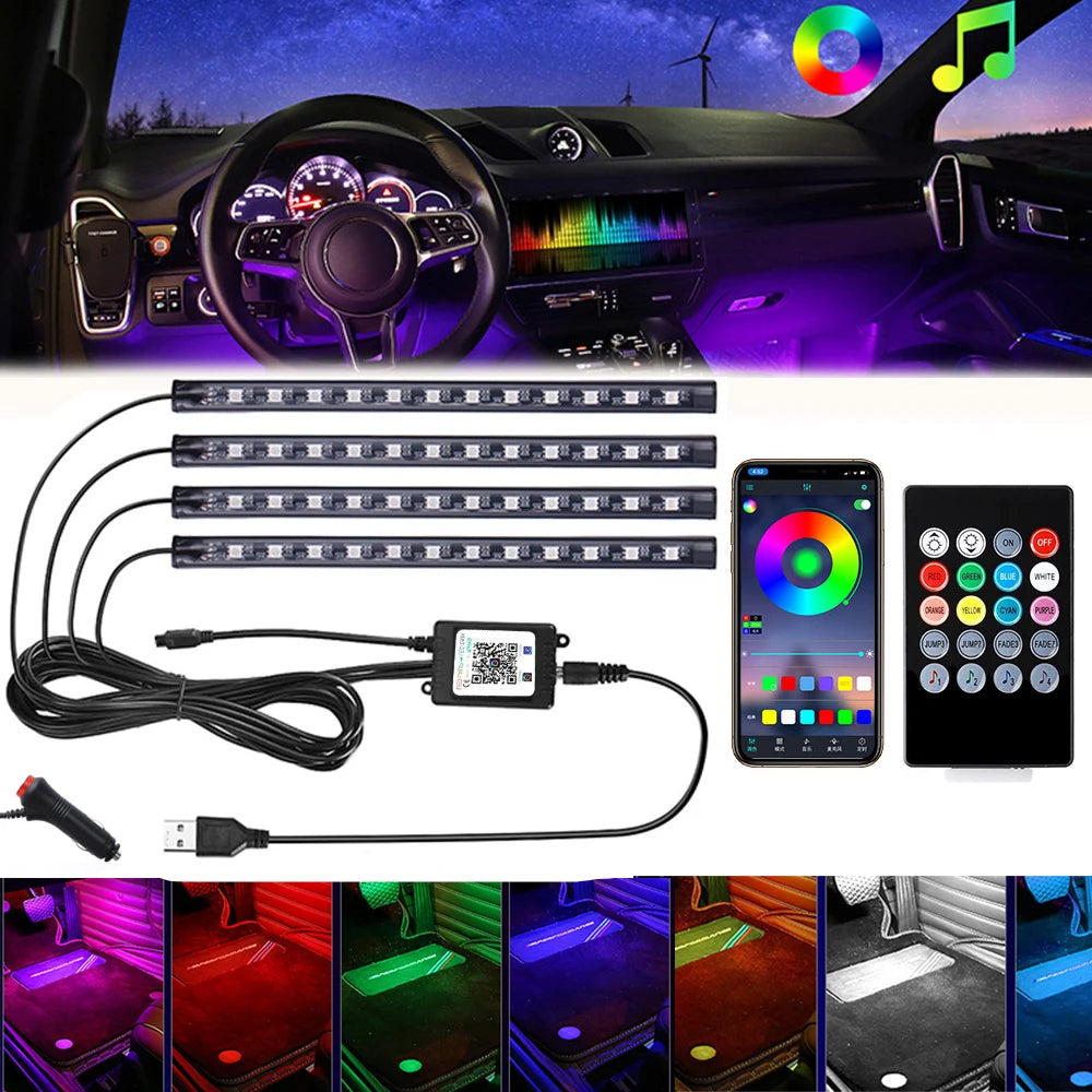 USB Car Ambient LED Light Strip Set 36 LED with Wireless Remote & Music-Sync Mode
