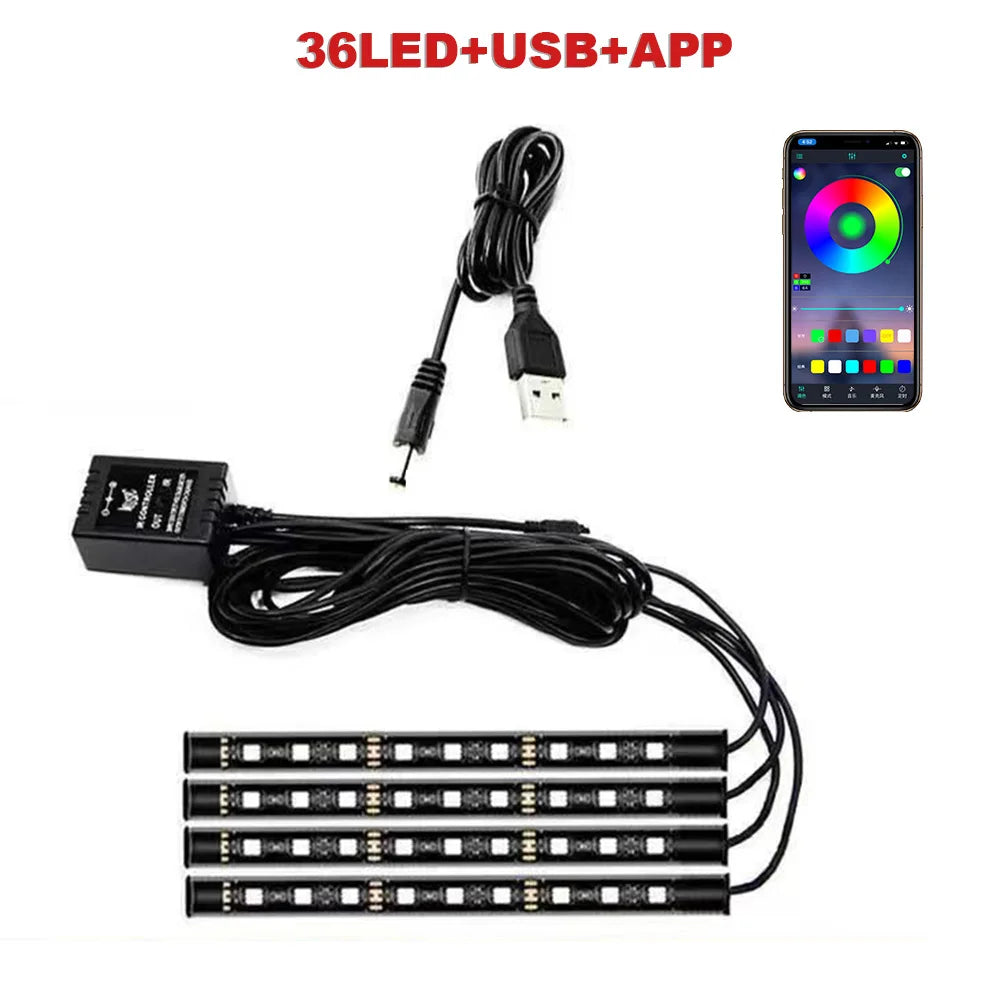 USB Car Ambient LED Light Strip Set 36 LED with Wireless Remote & Music-Sync Mode