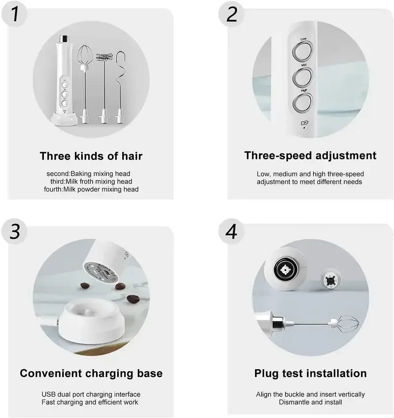 Rechargeable Milk Frother — Handheld Electric Foam Maker with 3 Whisk Heads