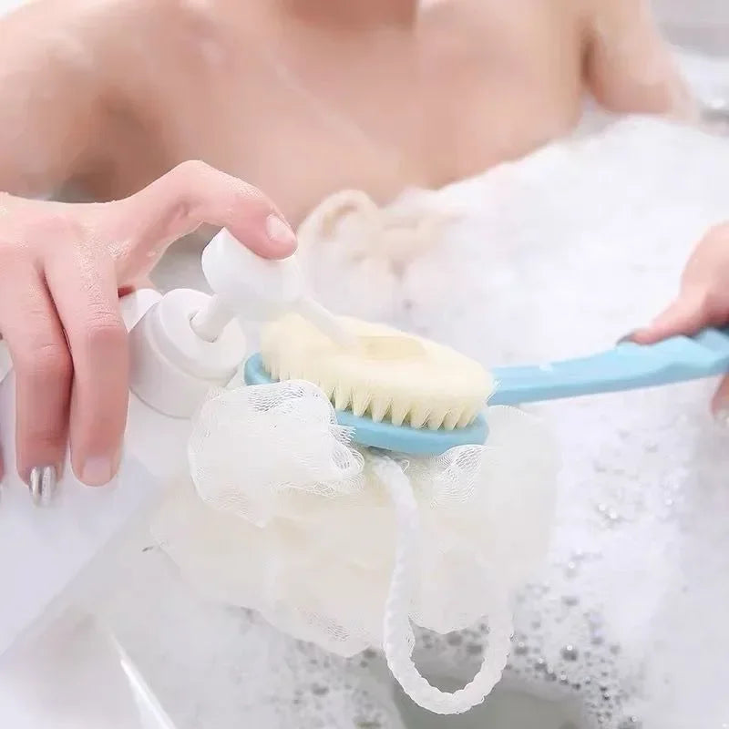 Long-Handle Mesh Back Bath Scrubber Brush with Hanging Loop