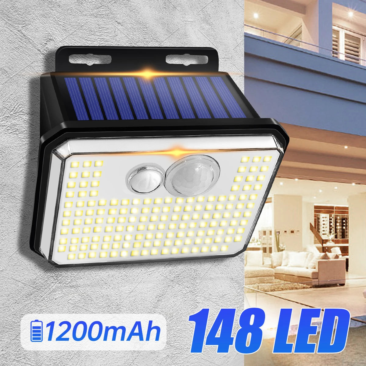148-LED Solar Motion-Sensor Outdoor Wall Light — 3 Modes, IP65 Waterproof