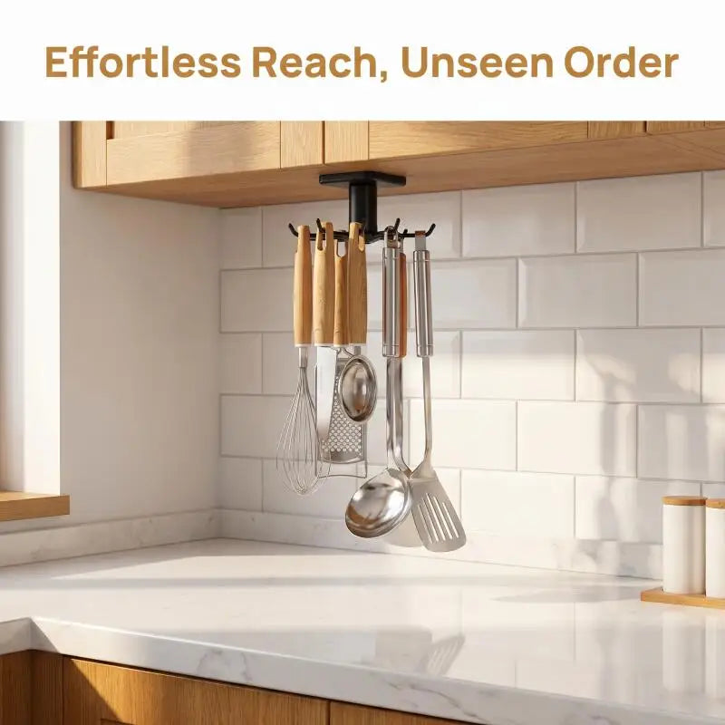 Six-Hook 360° Rotating Under-Cabinet Hook Rack — Adhesive Kitchen Organizer