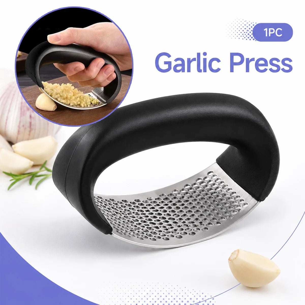 Stainless Steel Garlic Press — Hand-Squeeze Garlic & Ginger Crusher