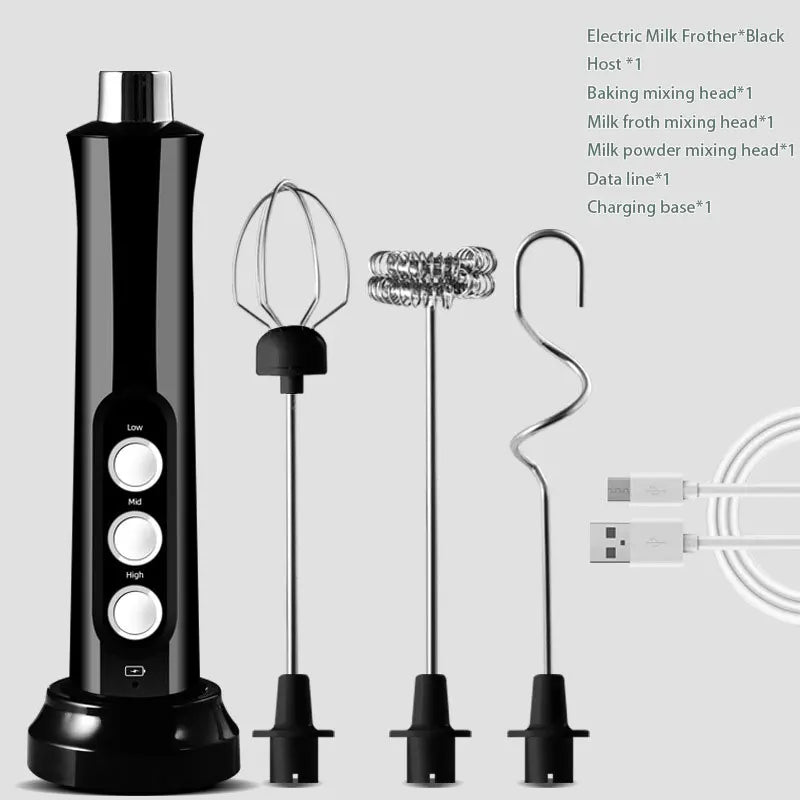 Rechargeable Milk Frother — Handheld Electric Foam Maker with 3 Whisk Heads