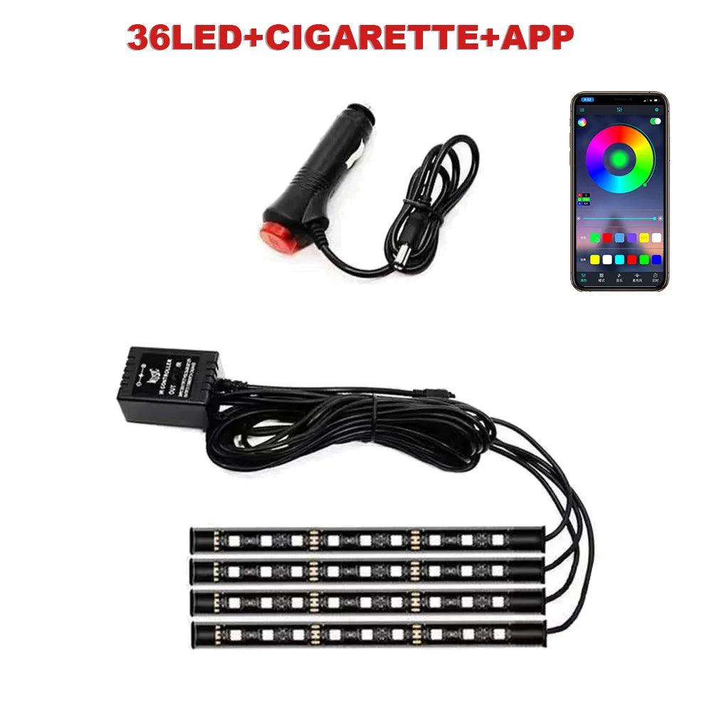USB Car Ambient LED Light Strip Set 36 LED with Wireless Remote & Music-Sync Mode