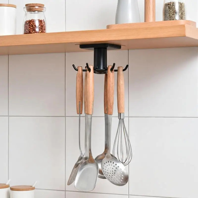 Six-Hook 360° Rotating Under-Cabinet Hook Rack — Adhesive Kitchen Organizer