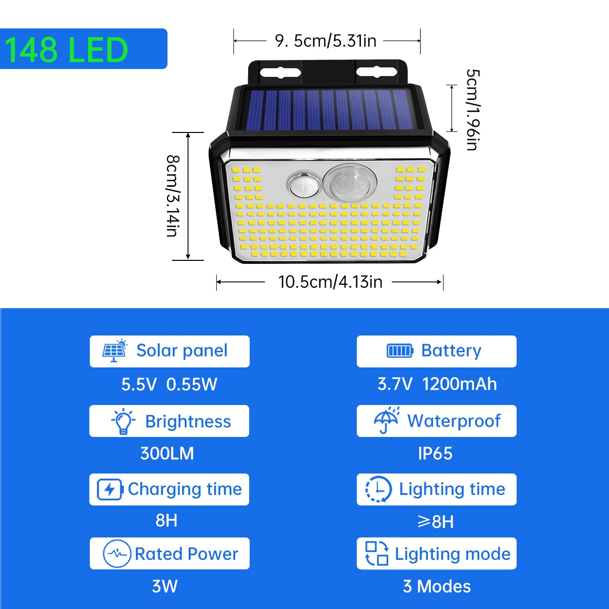 148-LED Solar Motion-Sensor Outdoor Wall Light — 3 Modes, IP65 Waterproof