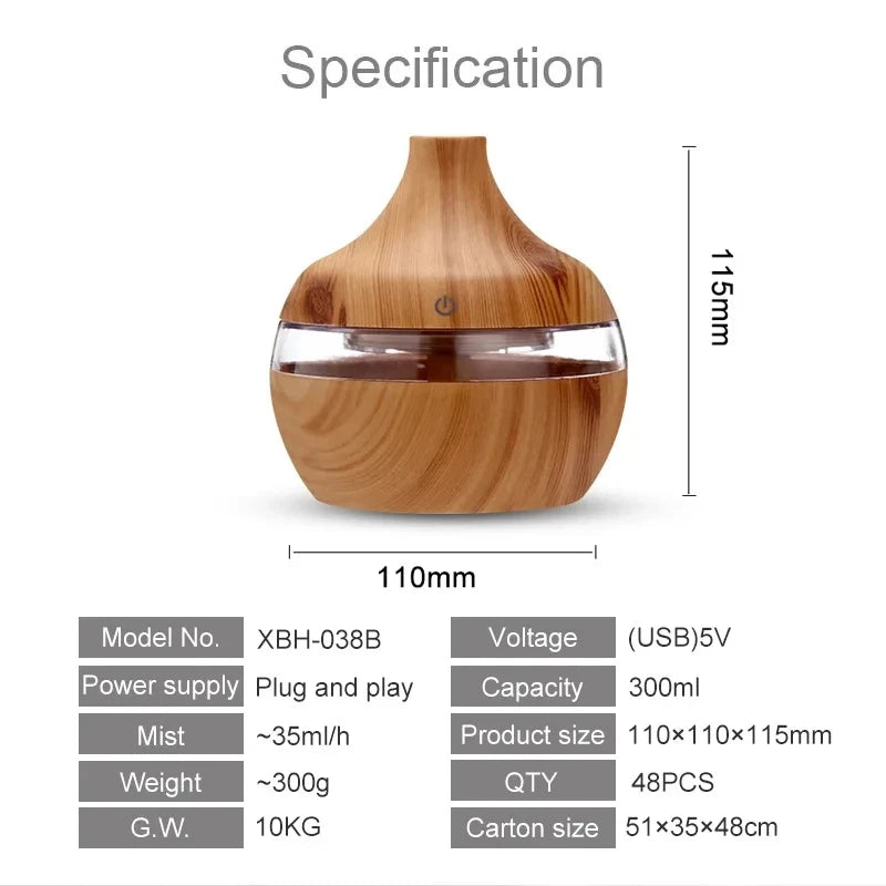 Ultrasonic Cool-Mist Aroma Diffuser 300ml with LED Light — Home Humidifier