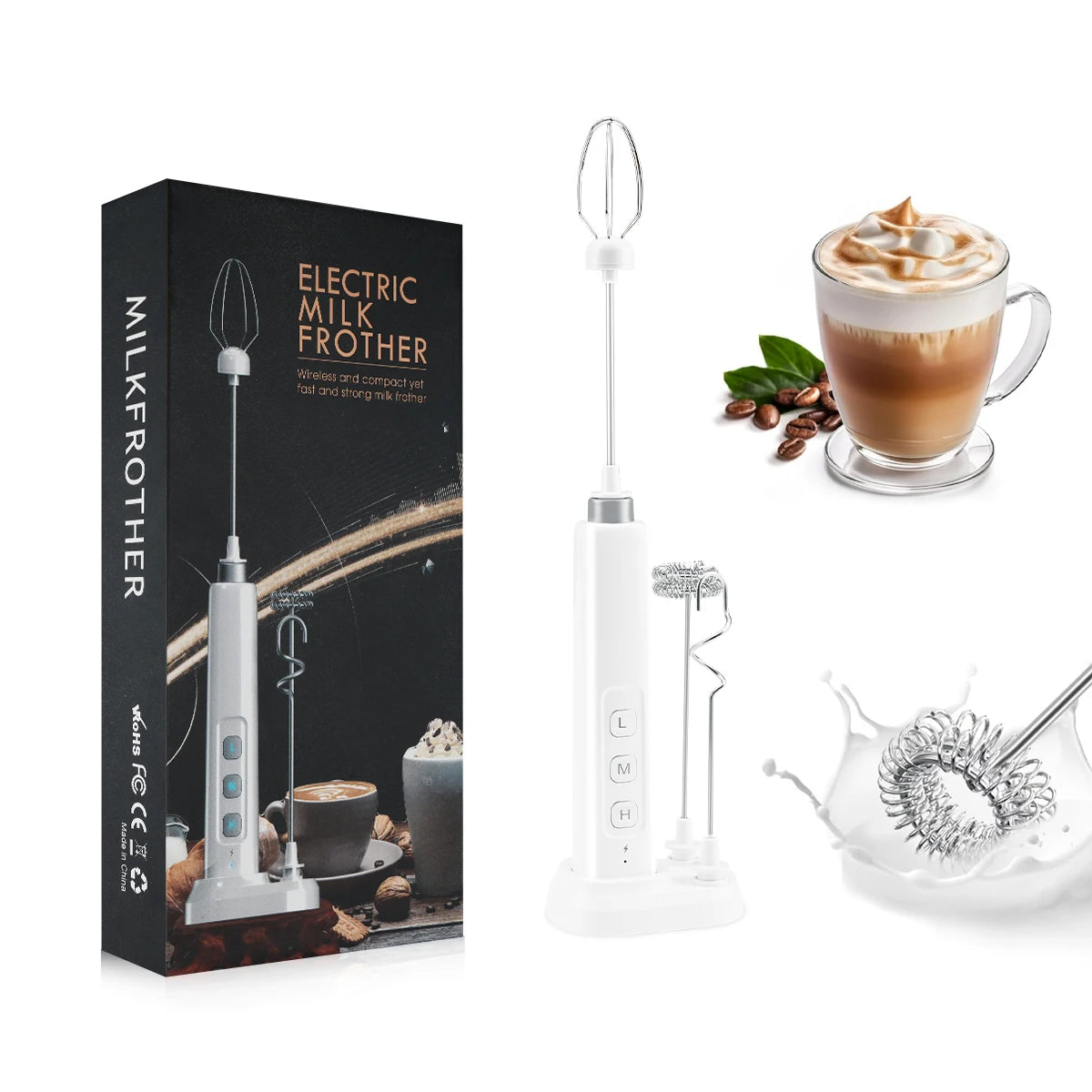 Rechargeable Milk Frother — Handheld Electric Foam Maker with 3 Whisk Heads
