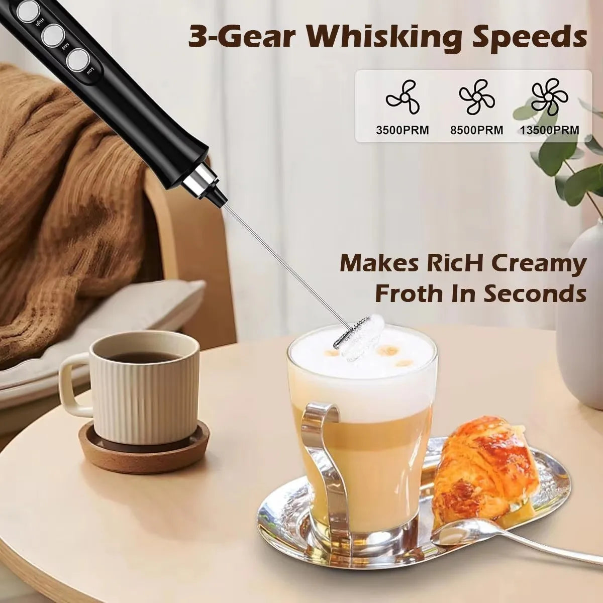 Rechargeable Milk Frother — Handheld Electric Foam Maker with 3 Whisk Heads