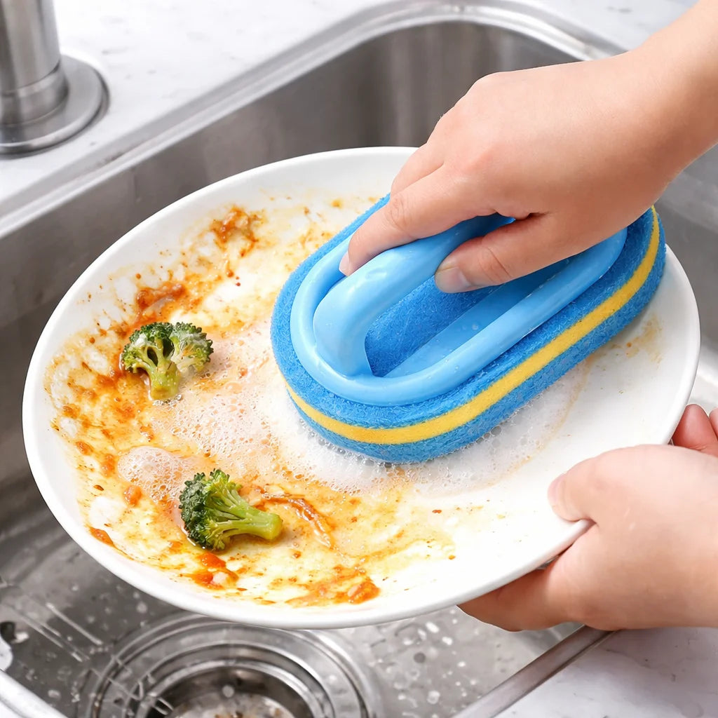 Handheld Magic-Sponge Scrub Brush with Handle for Tub, Tile & Sink