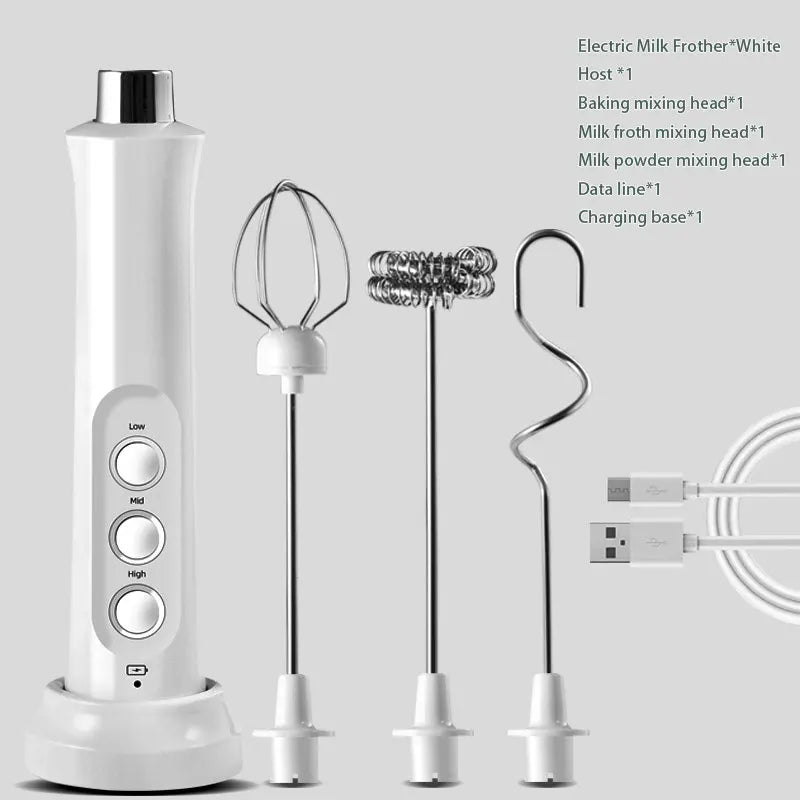 Rechargeable Milk Frother — Handheld Electric Foam Maker with 3 Whisk Heads