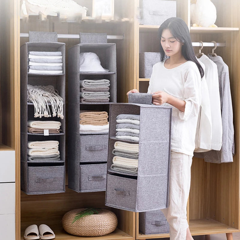 Cotton Hanging Closet Organizer — Drawer-Style Storage with Pockets