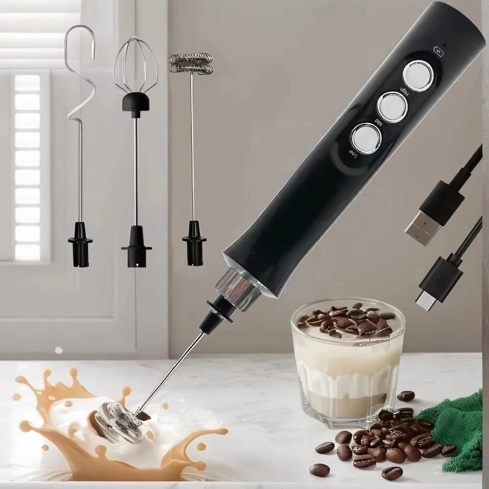 Rechargeable Milk Frother — Handheld Electric Foam Maker with 3 Whisk Heads