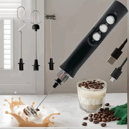Rechargeable Milk Frother — Handheld Electric Foam Maker with 3 Whisk Heads