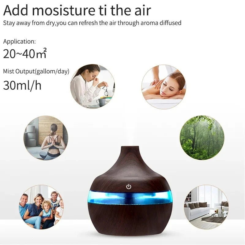 Ultrasonic Cool-Mist Aroma Diffuser 300ml with LED Light — Home Humidifier