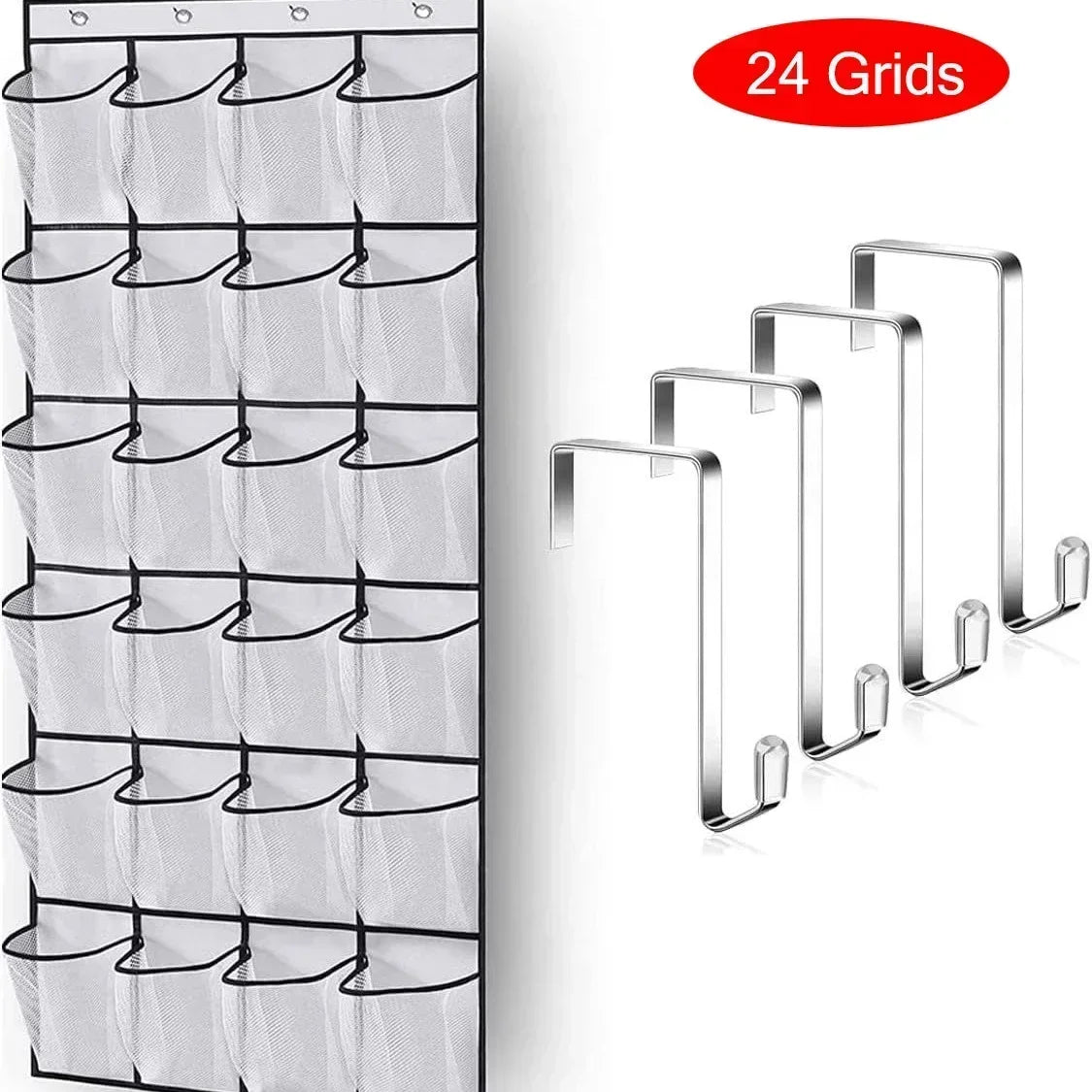 24-Pocket Over-Door Shoe Organizer — Fabric Hanging Storage with Hooks