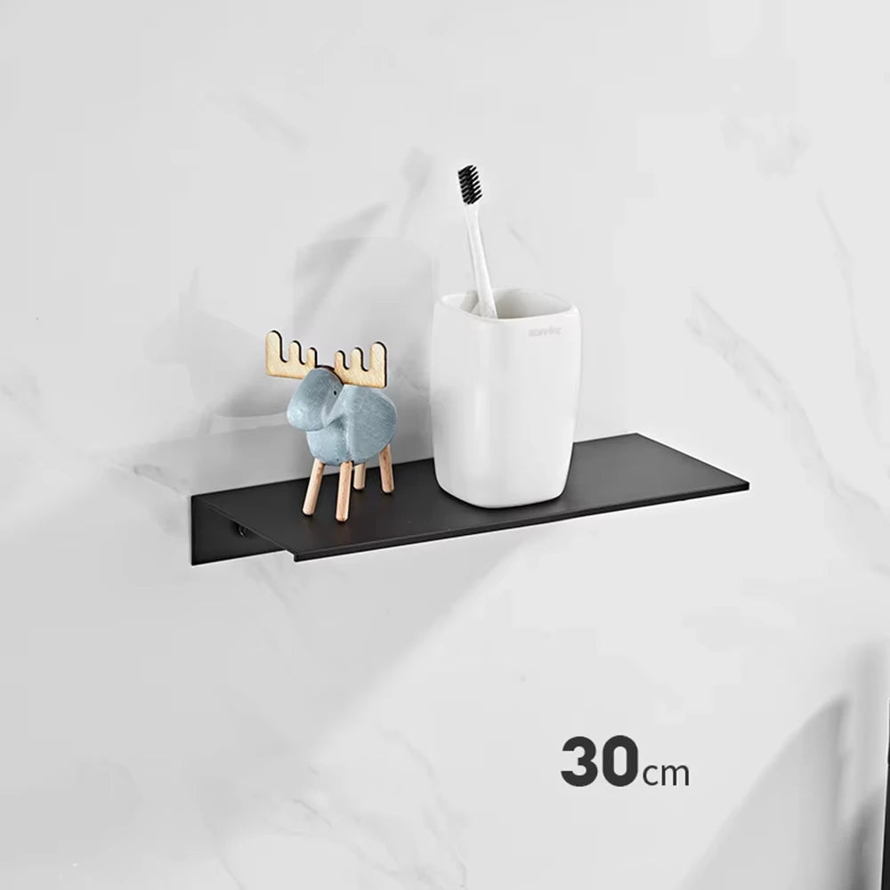 Black Aluminum Wall-Mounted Bathroom Shelf — 30 cm Floating Vanity Organizer